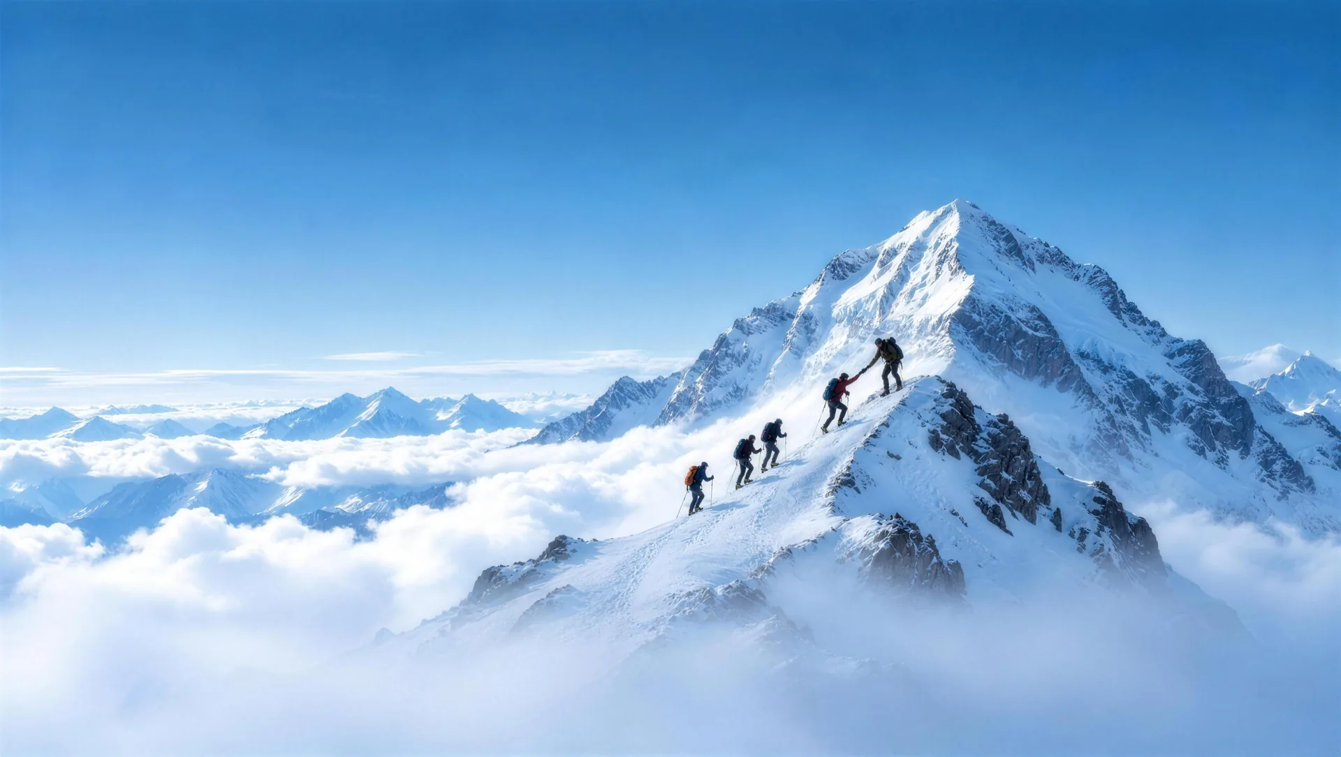 Climbers roped together ascending a snowy ridge above the clouds
